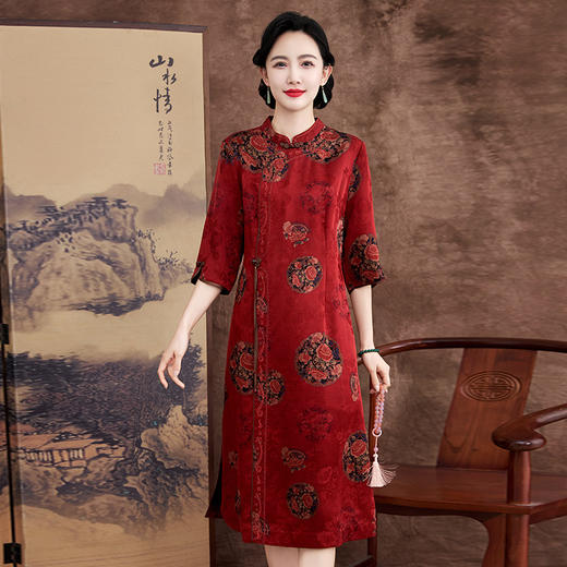 KQ-621622花萝香云纱新款年轻妈妈礼服婚宴喜婆婆结婚旗袍新中式真丝连衣裙 商品图0