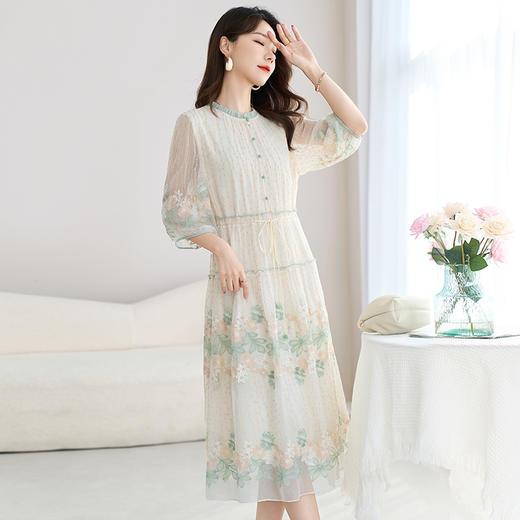 彩色绣花中长款淑女裙，100%桑蚕丝连衣裙SM-82599696 商品图1
