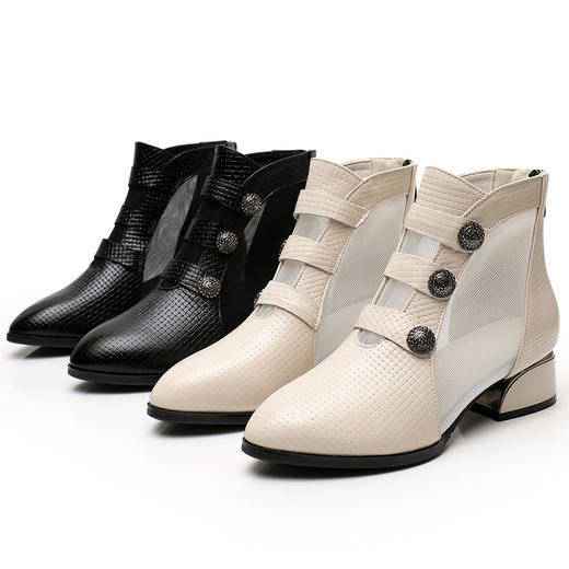 丁摩 新款真皮网靴镂空中跟大码尖头后拉链粗跟春夏季包头凉靴5ZF-1706 商品图4