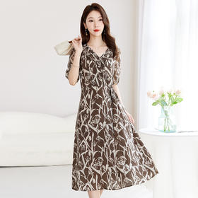 真丝双绉减龄显瘦，中大淑妈妈100%桑蚕丝印花连衣裙SM-82501033