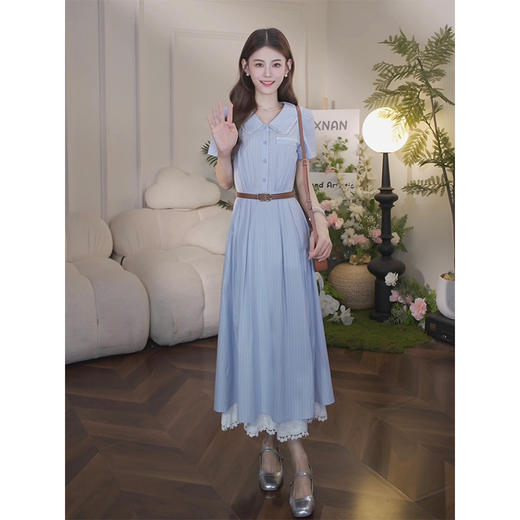 鹿向南「条纹诗语」法式翻领蓝色连衣裙女夏季收腰条纹衬衫长裙子 商品图1