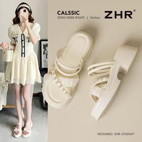 ZHR则则厚底珍珠拖鞋2025新款气质百搭网纱一字拖仙女外出拖鞋女