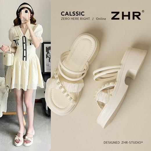 ZHR则则厚底珍珠拖鞋2025新款气质百搭网纱一字拖仙女外出拖鞋女 商品图0