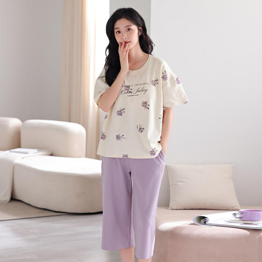 I‘d爱帝女士纯棉睡衣自带胸垫文艺印花短袖家居套 商品图3