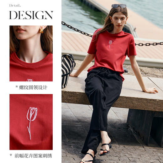OLrain欧芮儿红色圆领短袖刺绣图案T恤女夏季2025年新款休闲上衣 商品图1