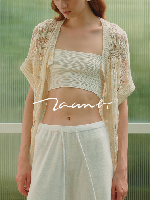 ZAANLI｜ZNSS25008 亚麻镂空肌理短袖针织长开衫 [ 象牙白 ] 商品图0