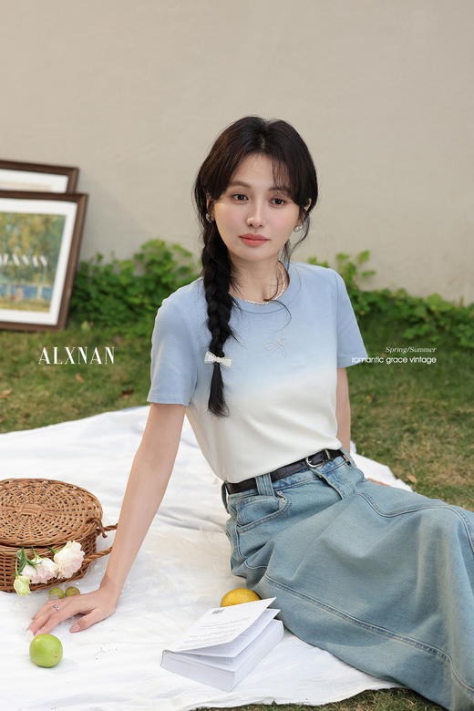 鹿向南「潮汐海岸」渐变色正肩短袖T恤女夏季休闲显瘦多巴胺上衣L537108 商品图5