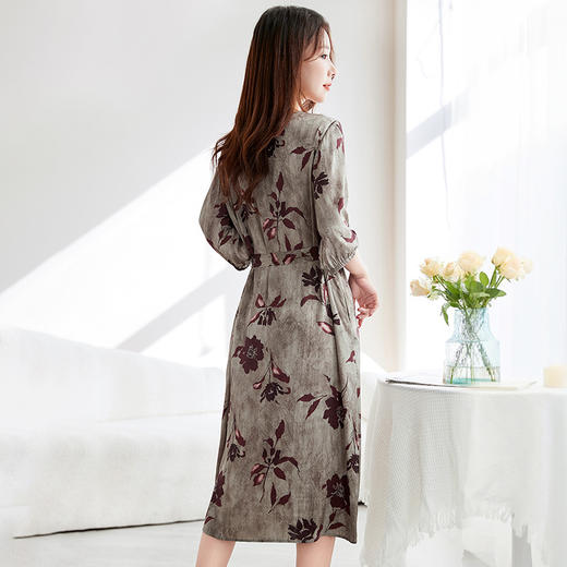 丁摩 原创国风真丝缎面连衣裙圆领短袖印花桑蚕丝中长裙女5ZF-9190 商品图3