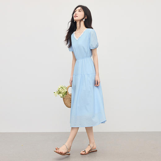 【专属特价】熙世界法式蕾丝花边V领连衣裙女2025夏季新款泡泡袖收腰蓝色裙子 商品图4