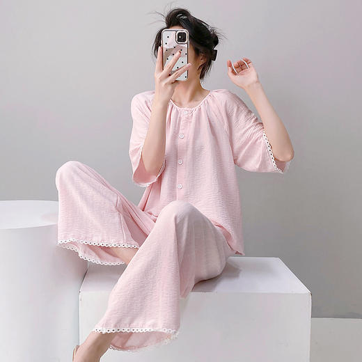 棉绸 夏款云朵棉短袖长裤女可居家可外出套装宽松舒适家居服睡衣0201 商品图2