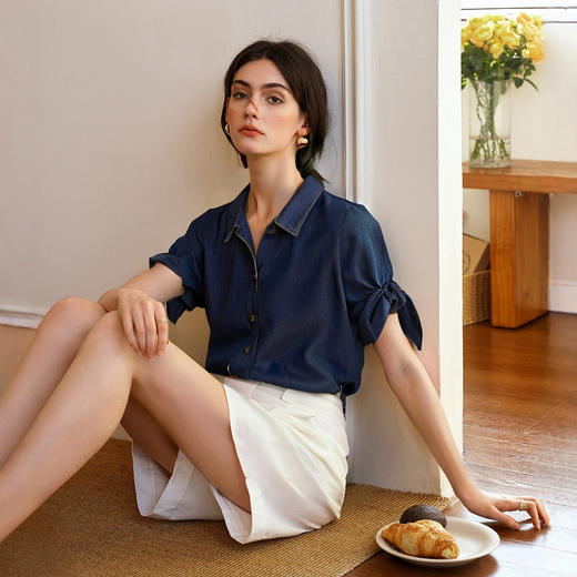 Olrain欧芮儿牛仔衬衫女2025春季新款复古港风翻领外套小个子宽松 商品图3