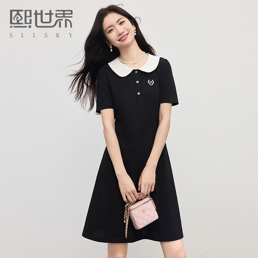 【夏日新品】熙世界通勤学院风娃娃领连衣裙女夏2025新款休闲撞色翻领中长裙子 商品图0