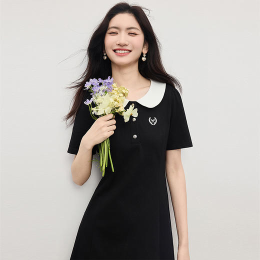 【夏日新品】熙世界通勤学院风娃娃领连衣裙女夏2025新款休闲撞色翻领中长裙子 商品图2
