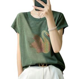 丁摩 百搭洋气圆领针织短袖t恤女夏季大码烫钻宽松百搭打底上衣新5ZF-2005