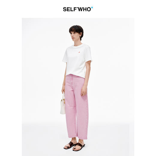 SELFWHO全棉水洗粉色牛仔裤女夏新款亲肤舒适可露丽风弯刀九分裤 商品图2