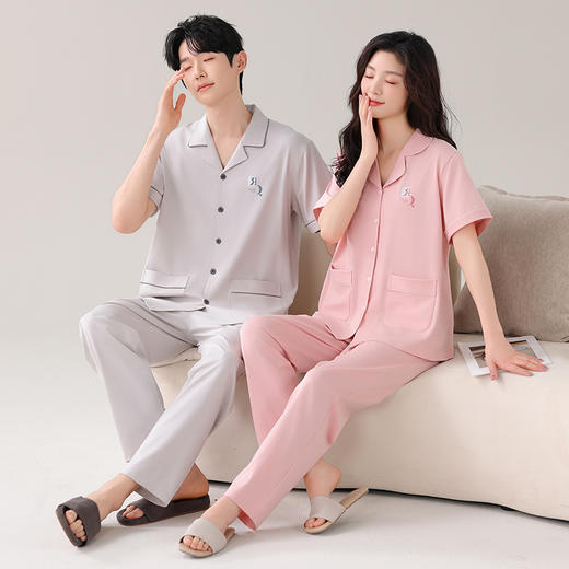 I'd爱帝情侣款棉弹力翻领短袖长裤家居服套装 商品图1