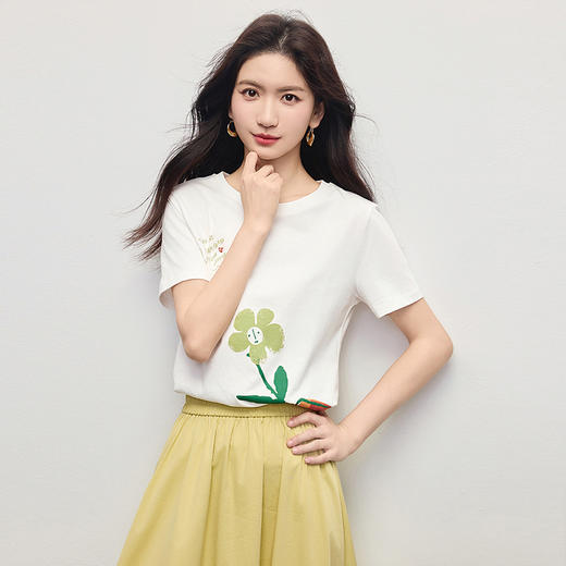 【专属特价】熙世界纯棉印花短袖T恤女2025年新款夏季宽松显瘦圆领设计感上衣 商品图4