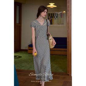 SimpleRetro拼接蕾丝海军领格纹连衣裙长裙