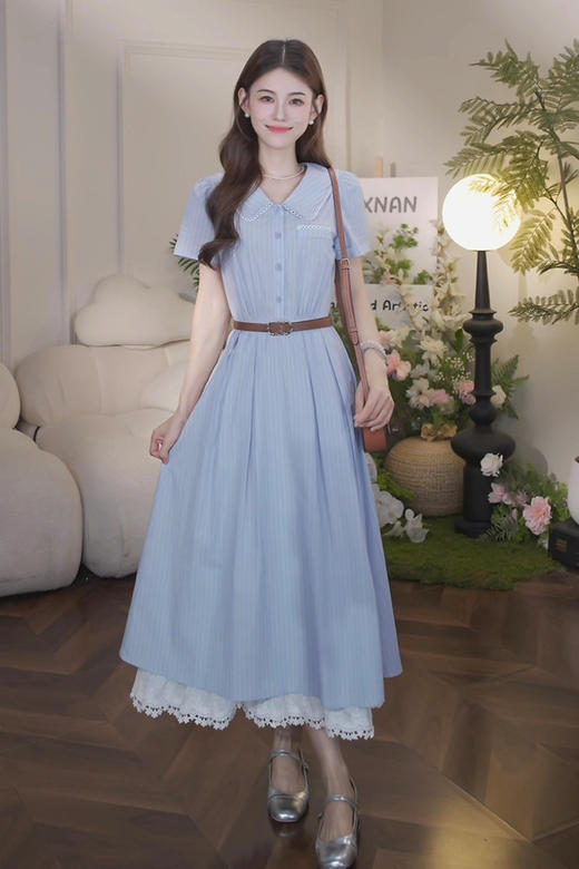 鹿向南「条纹诗语」法式翻领蓝色连衣裙女夏季收腰条纹衬衫长裙子 商品图3