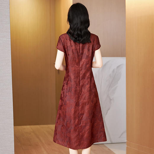 KQ-621625品质大码收腰显瘦红莨香云纱连衣裙夏复古国风中式提花中长裙 商品图3