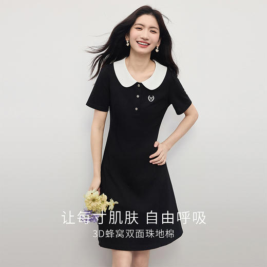 【夏日新品】熙世界通勤学院风娃娃领连衣裙女夏2025新款休闲撞色翻领中长裙子 商品图1