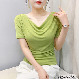 KQL 311H9063纯色V领网纱短袖t恤洋气时髦休闲小衫