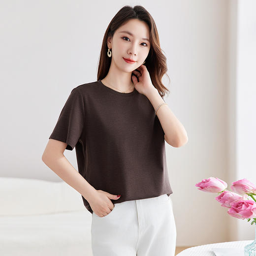丁摩 【真丝混纺再生纤维】夏季新款圆领显瘦T恤女宽松百搭打底衫5ZF-9060 商品图5