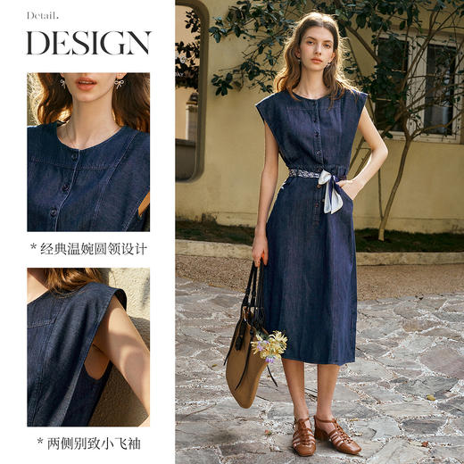 OLrain欧芮儿蓝色复古圆领收腰A字连衣裙女夏季2025新款中长裙 商品图1