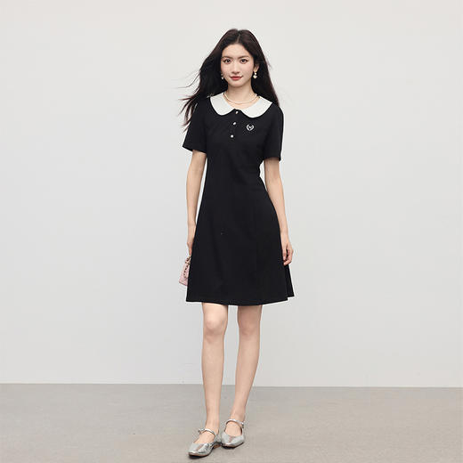 【夏日新品】熙世界通勤学院风娃娃领连衣裙女夏2025新款休闲撞色翻领中长裙子 商品图3
