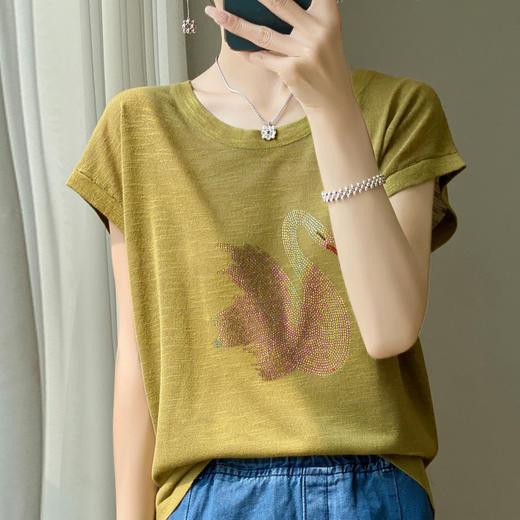 丁摩 百搭洋气圆领针织短袖t恤女夏季大码烫钻宽松百搭打底上衣新5ZF-2005 商品图2