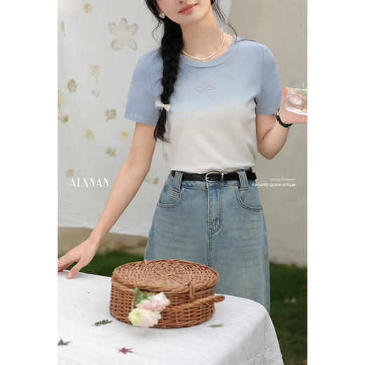 鹿向南「潮汐海岸」渐变色正肩短袖T恤女夏季休闲显瘦多巴胺上衣L537108 商品图3