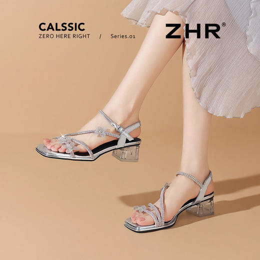 ZHR水钻蝴蝶结凉鞋银色粗跟凉鞋2025夏新款一字带高跟鞋中跟女鞋 商品图7