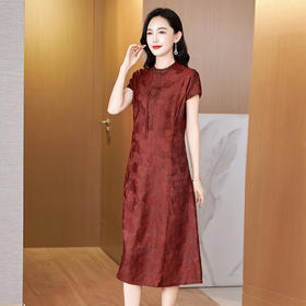 KQ-621625品质大码收腰显瘦红莨香云纱连衣裙夏复古国风中式提花中长裙