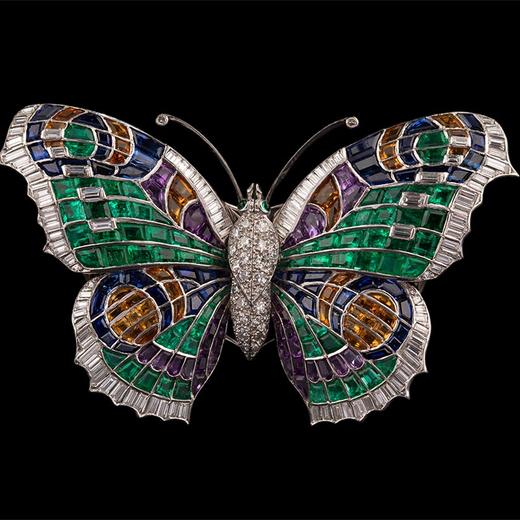 独角鹿西洋古董 蝴蝶造型铂金镶嵌祖母绿钻石紫水晶托帕石及黄水晶可拆卸双夹式胸针 商品图2