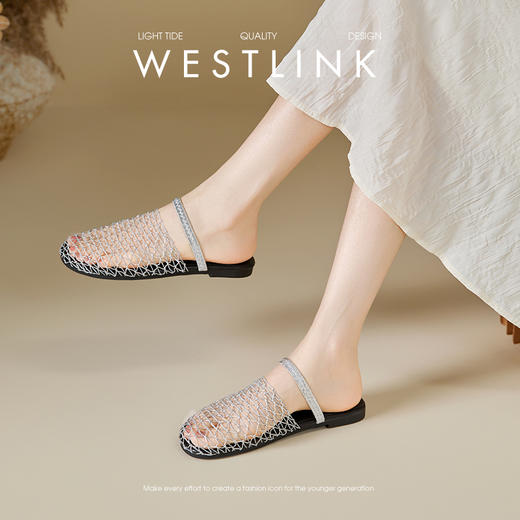 西遇镂空网面半拖鞋女夏季新款一脚蹬包头凉鞋平底外穿凉拖鞋V1156761 商品图3