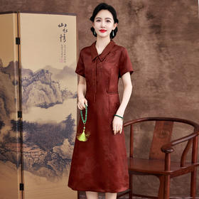 KQ-621627红莨香云纱连衣裙女2025夏季新中式桑蚕丝复古真丝裙子