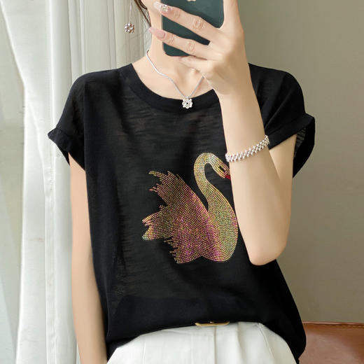 丁摩 百搭洋气圆领针织短袖t恤女夏季大码烫钻宽松百搭打底上衣新5ZF-2005 商品图5