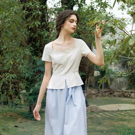 olrain欧芮儿2025夏季新款方领拼接蕾丝法式通勤时尚套装女两件套
