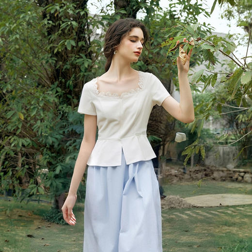 olrain欧芮儿2025夏季新款方领拼接蕾丝法式通勤时尚套装女两件套 商品图0