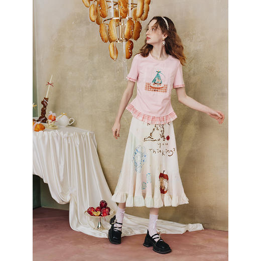 两三事甜乡梦马2025夏新款格子荷叶边印花短袖t恤女宽松 商品图1