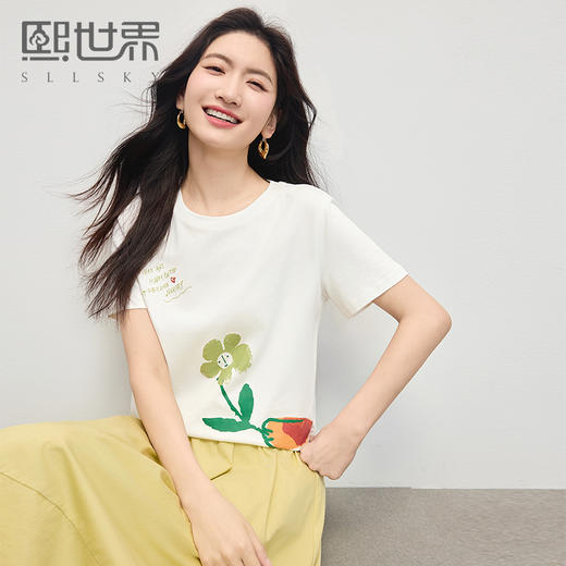【专属特价】熙世界纯棉印花短袖T恤女2025年新款夏季宽松显瘦圆领设计感上衣 商品图0