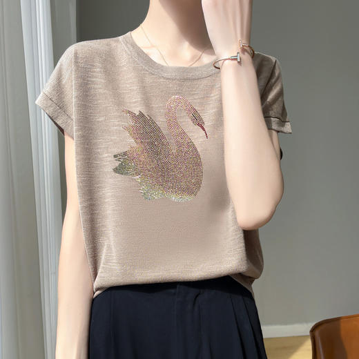 丁摩 百搭洋气圆领针织短袖t恤女夏季大码烫钻宽松百搭打底上衣新5ZF-2005 商品图1