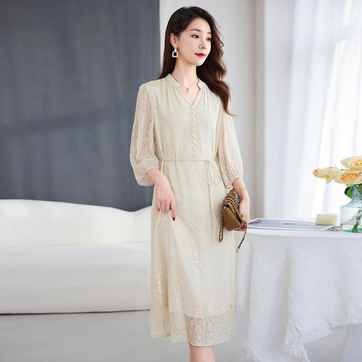 丁摩 女装100%桑蚕丝裙子顺宇绣花五分袖真丝连衣裙5ZF-9128 商品图3