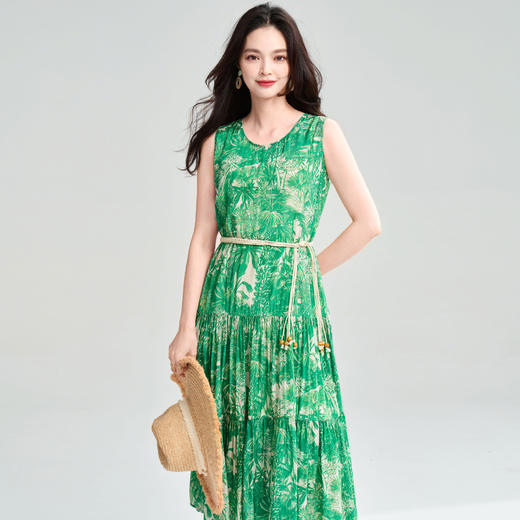 丁摩 夏季 绿野仙踪 绿色印花大裙摆背心裙度假风无袖连衣裙5ZF-25055 商品图3