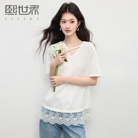 【专属特价】熙世界白色蕾丝拼接短袖T恤女2025年夏季新款宽松休闲独特V领上衣