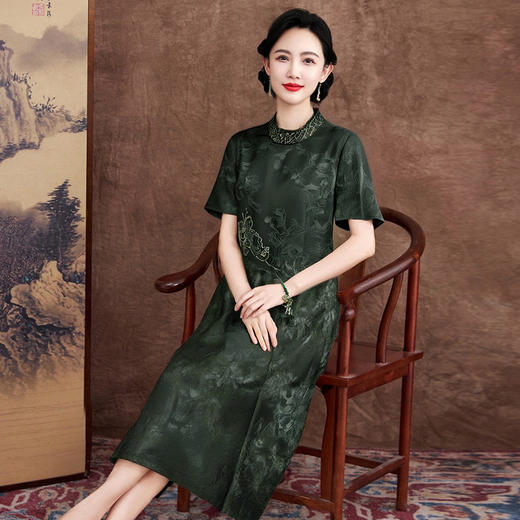 KQ-621629红莨香云纱中国风提花真丝连衣裙绣花大码盘扣民族风女装旗袍 商品图1