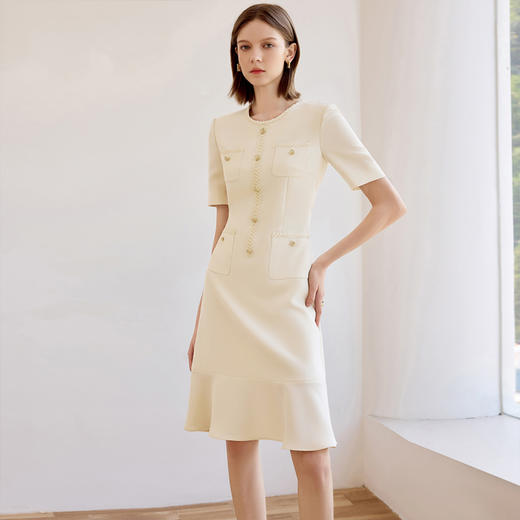 IWY/米白色短袖连衣裙女新款圆领西装裙职场通勤工作服夏Q1351 商品图3