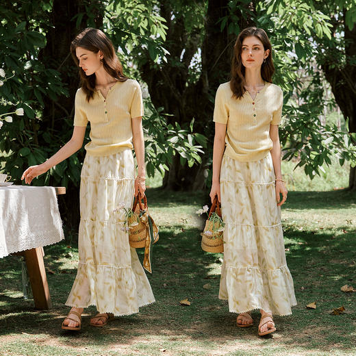 OLrain欧芮儿法式通勤休闲黄色毛针织衫女夏季2025年新款短袖上衣 商品图3