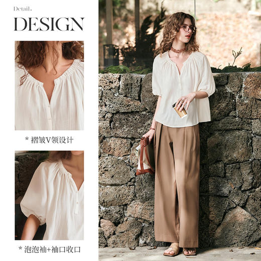 OLrain欧芮儿V领法式白色小上衣女夏季2025新款泡泡袖宽松套头衫 商品图2