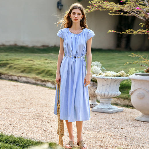 OLrain欧芮儿度假风串珠蓝色连衣裙女2025夏季新款法式独特掐腰裙 商品图1